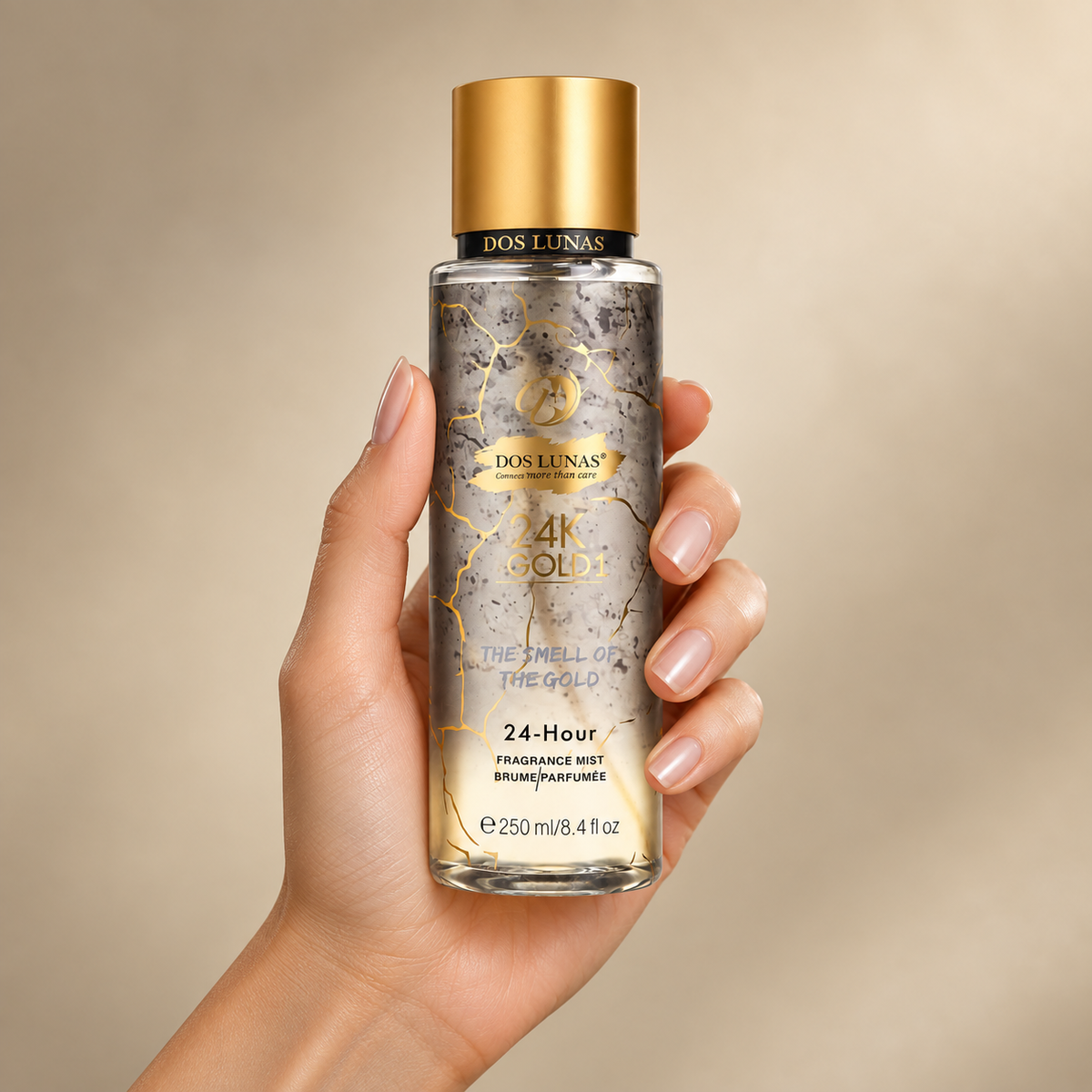 صورة توضيحية لاستخدام معطر 24K Gold 1 على الشعر والجسم