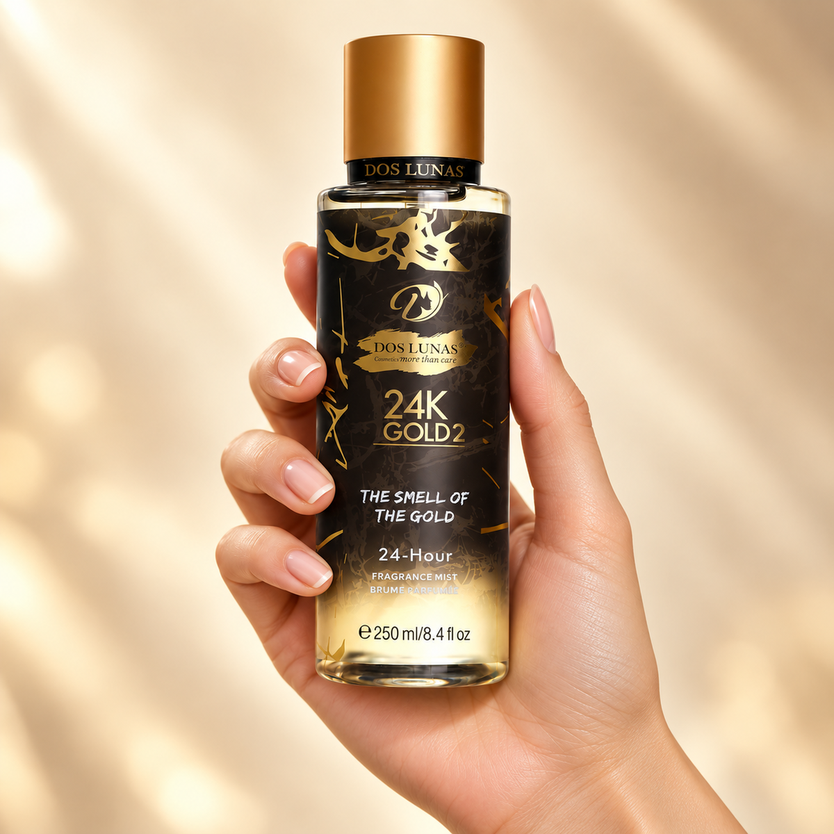 صورة توضيحية لاستخدام معطر 24K Gold 2 على الشعر والجسم