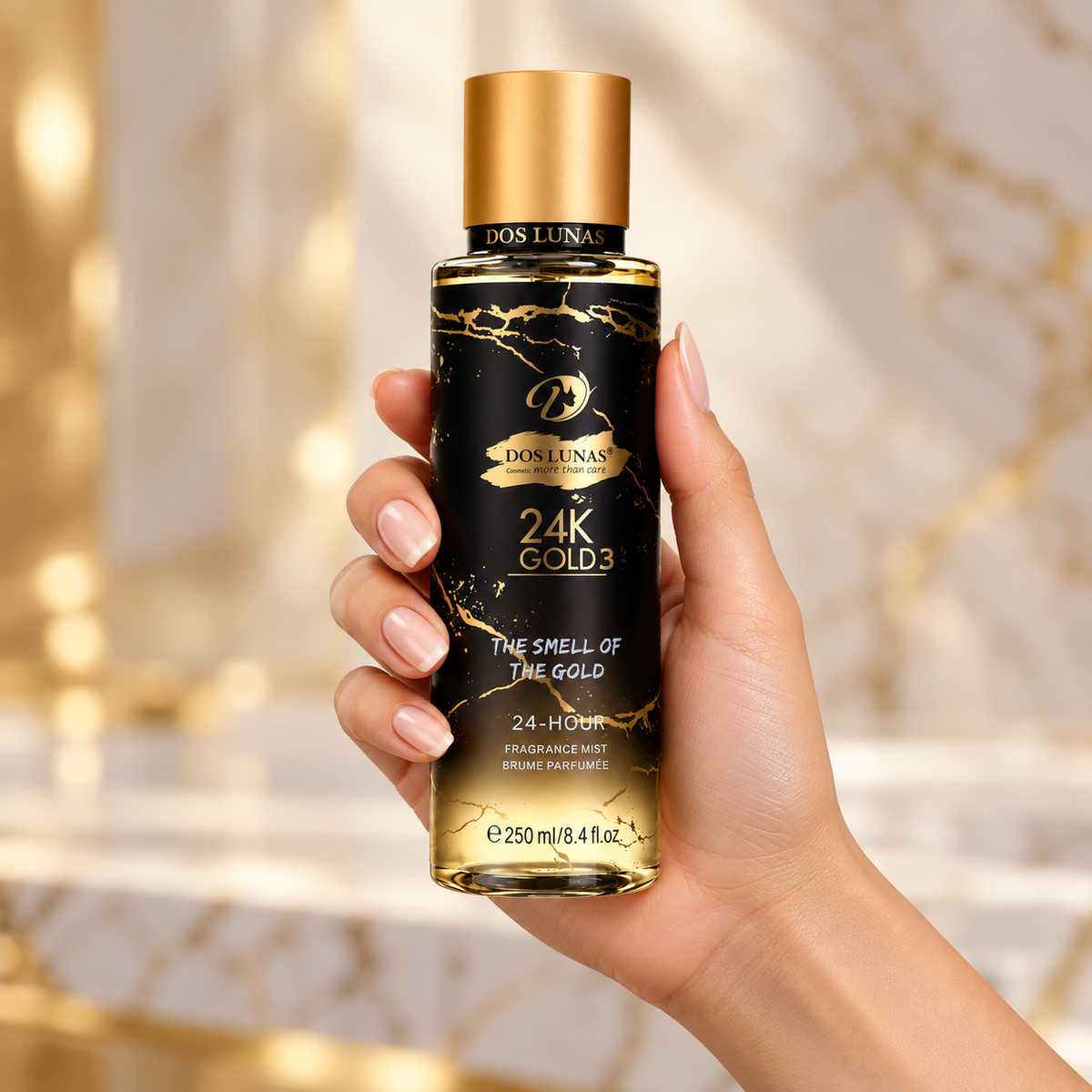 صورة توضيحية لاستخدام معطر 24K Gold 3 على الشعر والجسم