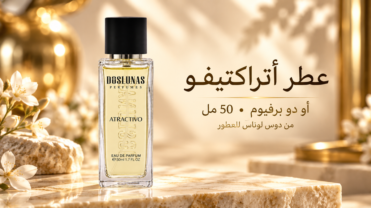 بانر تسويقي لعطر DOS LUNAS Atractivo 14 أو دو بارفان بخلفية ذهبية وزهور