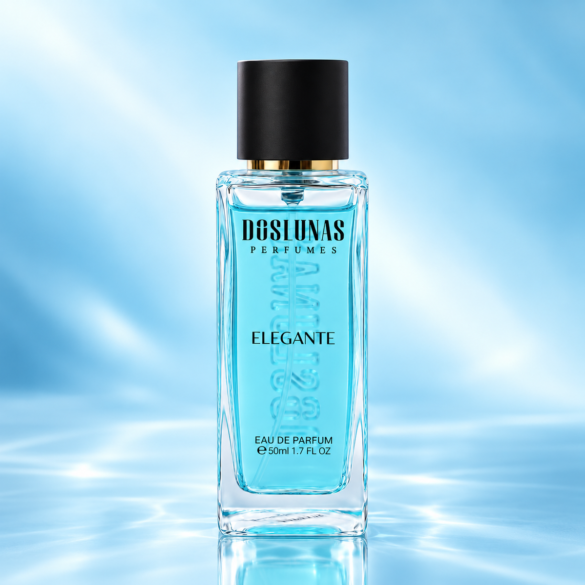 زجاجة عطر DOS LUNAS Elegante 91 أو دو بارفان على خلفية زرقاء ناعمة