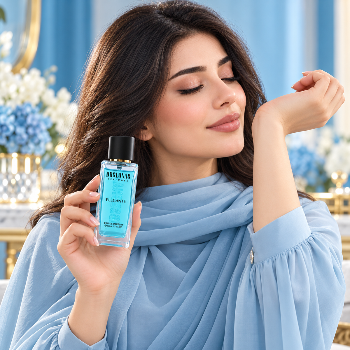 امرأة تستخدم عطر DOS LUNAS Elegante 91 أو دو بارفان