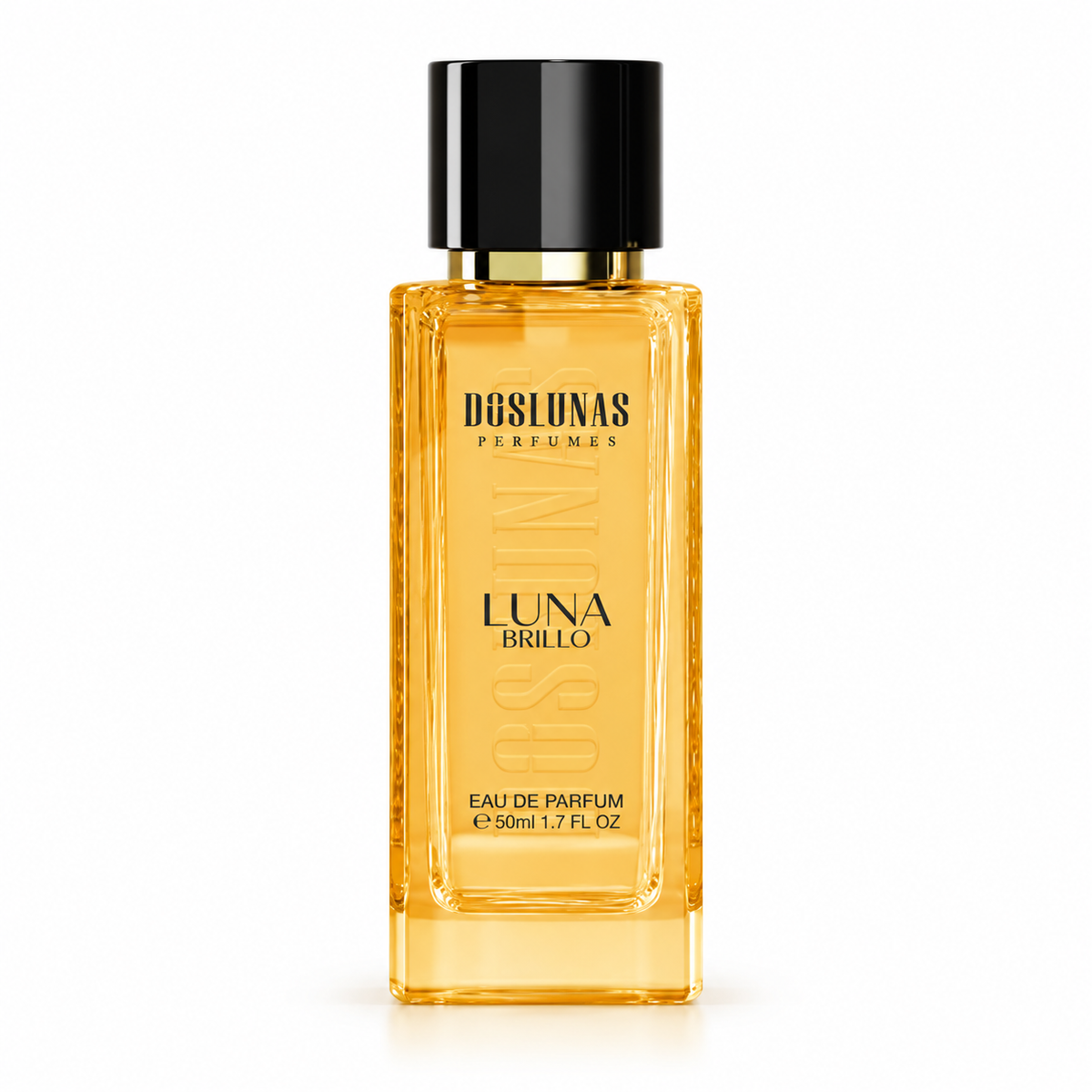 زجاجة عطر DOS LUNAS Luna Brillo 89 أو دو بارفان سعة 50 مل على خلفية بيضاء