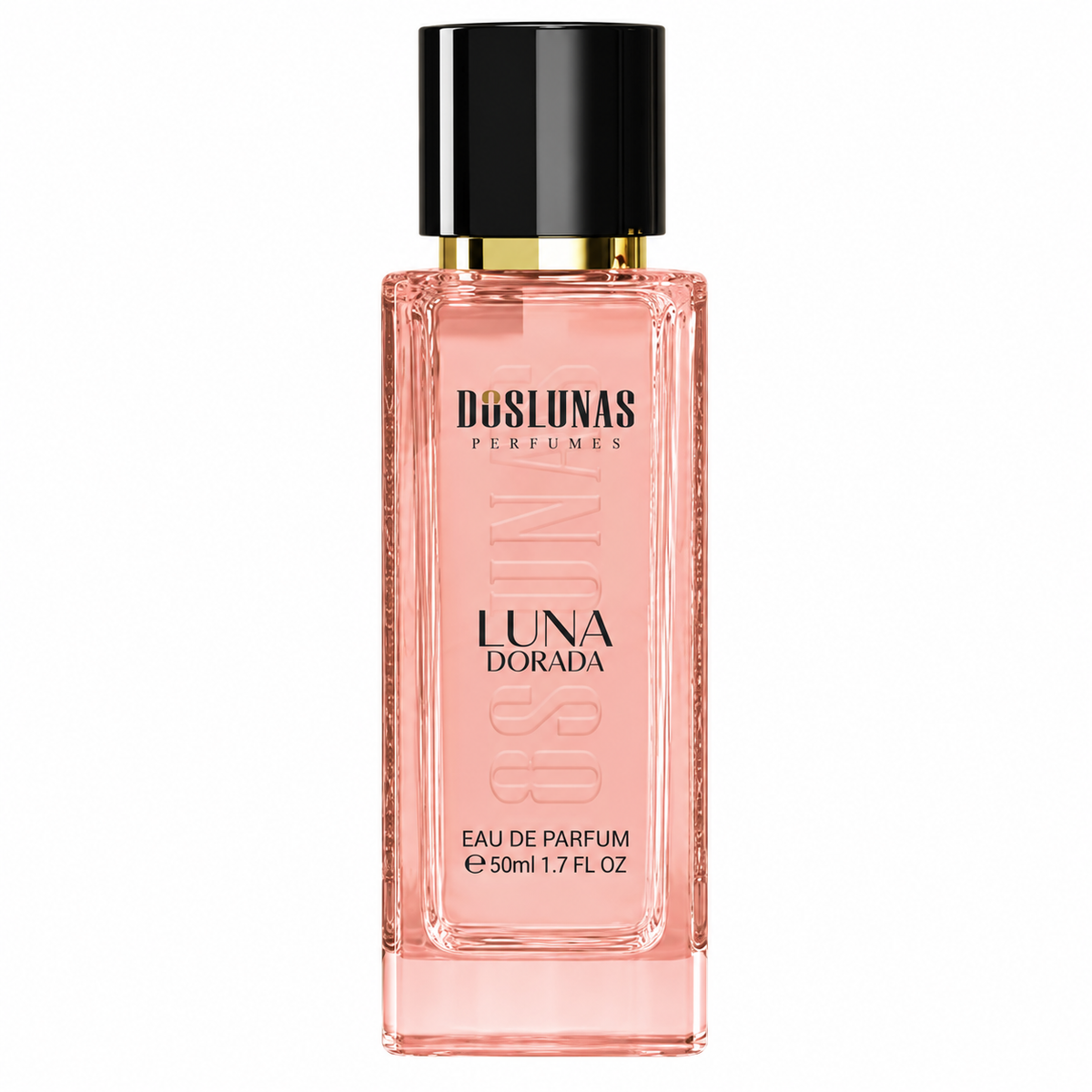 زجاجة عطر DOS LUNAS Luna Dorada 18 أو دو بارفان سعة 50 مل على خلفية بيضاء