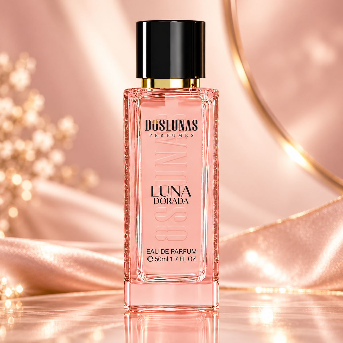 زجاجة عطر DOS LUNAS Luna Dorada 18 أو دو بارفان سعة 50 مل في مشهد استوديو