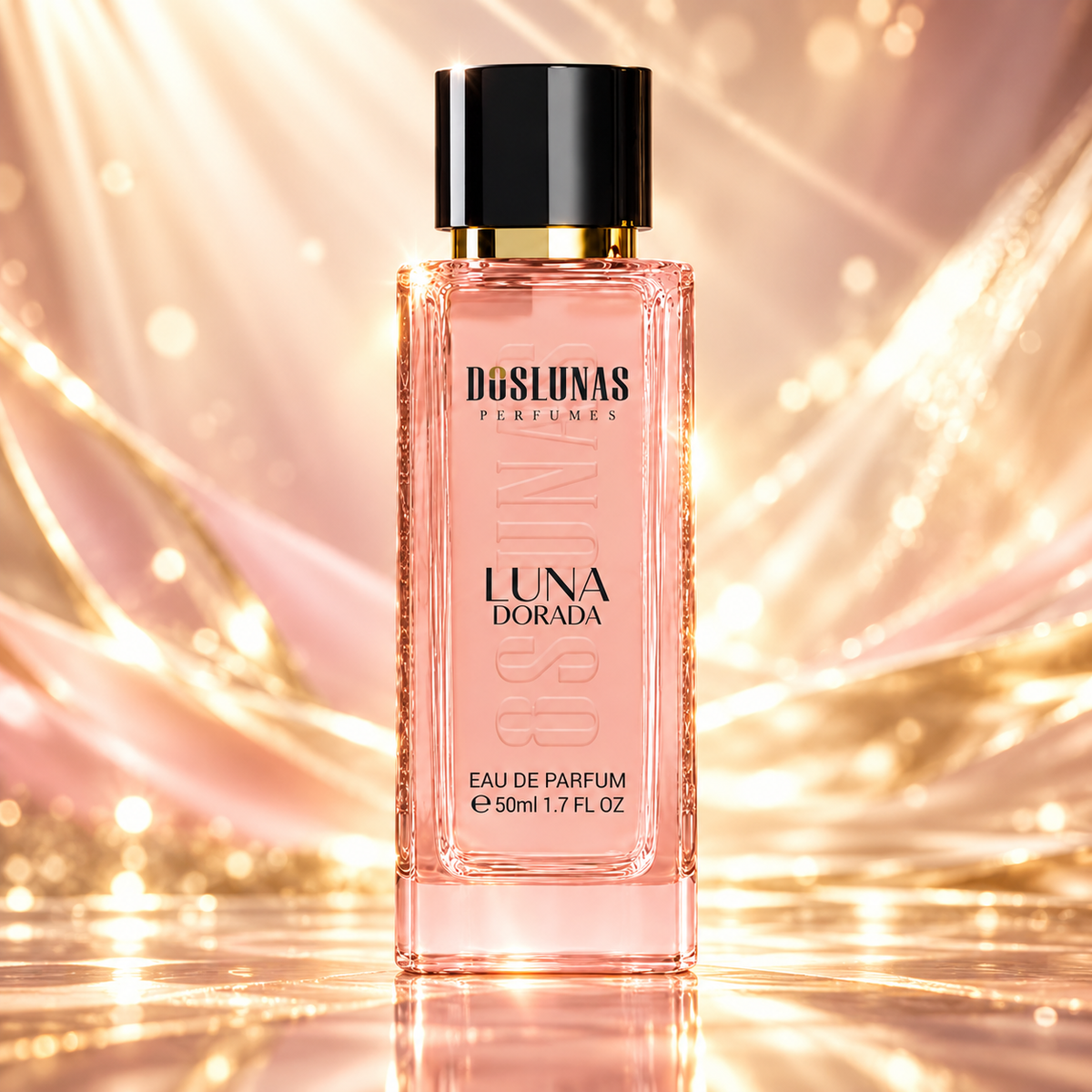 عرض بصري لعطر DOS LUNAS Luna Dorada 18 أو دو بارفان سعة 50 مل في مشهد استوديو