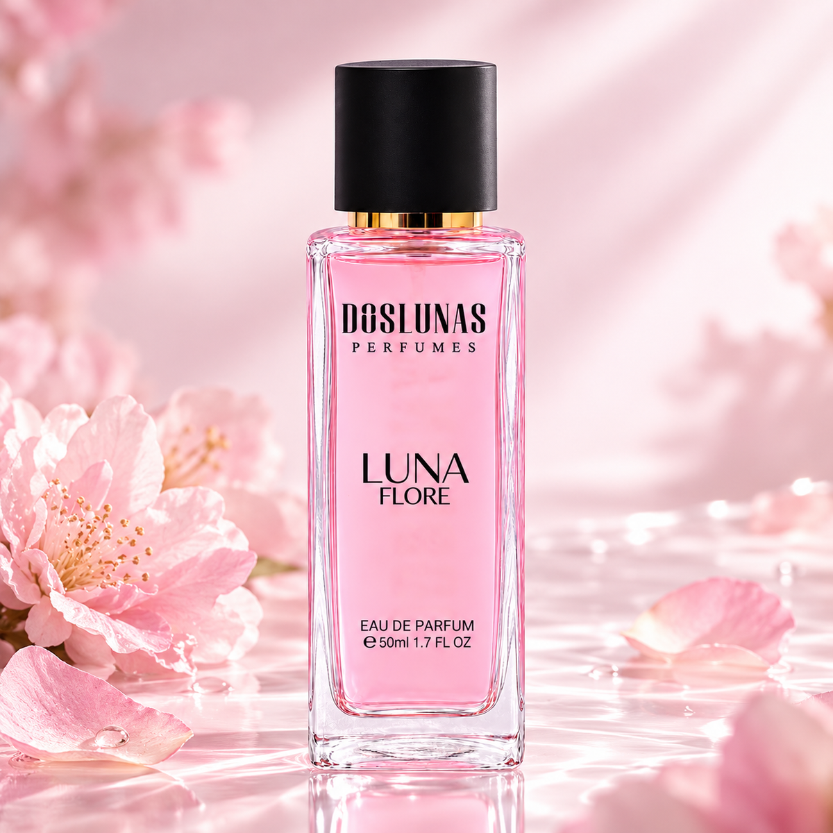 زجاجة عطر DOS LUNAS Luna Flore 28 أو دو بارفان في تصوير استوديو وردي مزهر