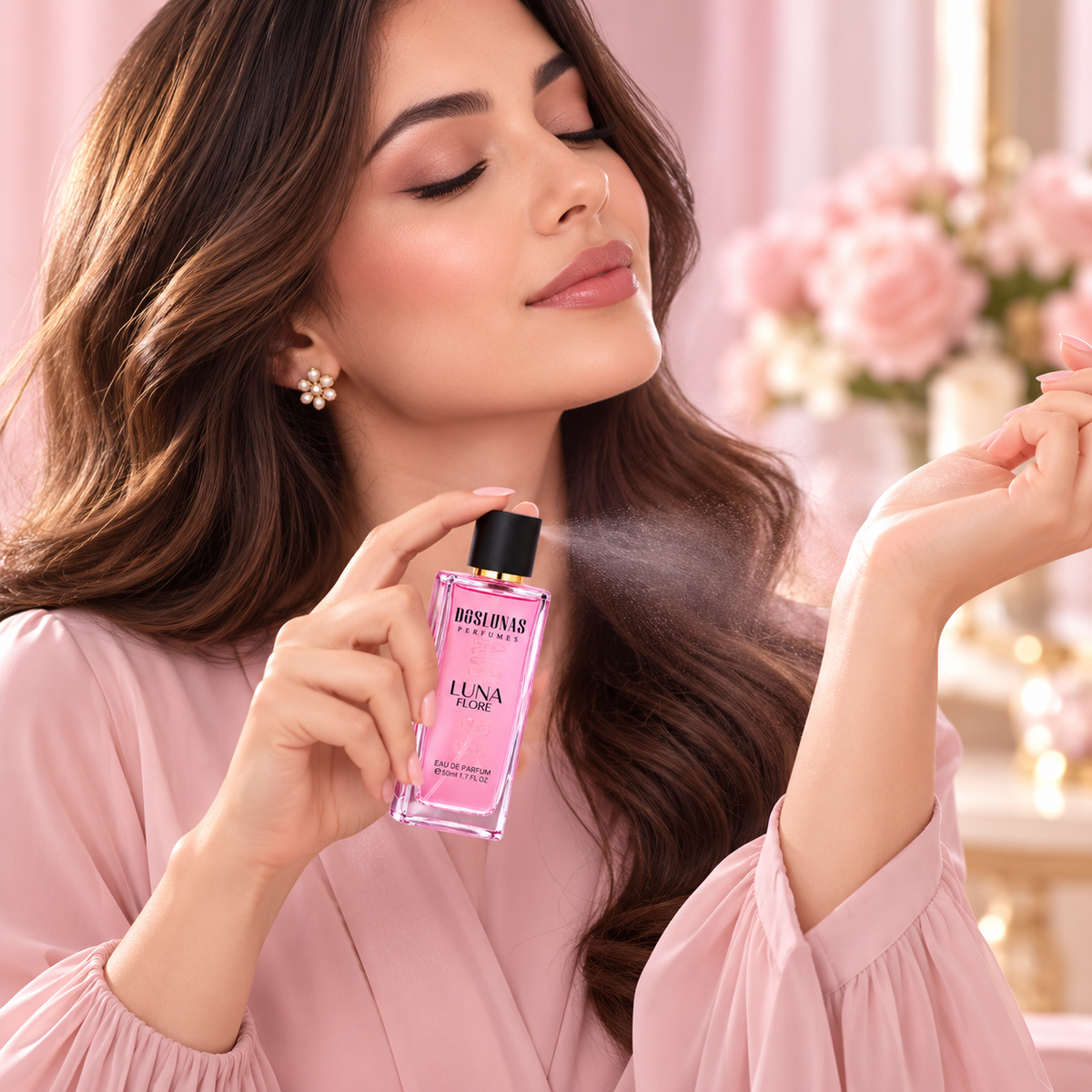 امرأة تستخدم عطر DOS LUNAS Luna Flore 28 أو دو بارفان