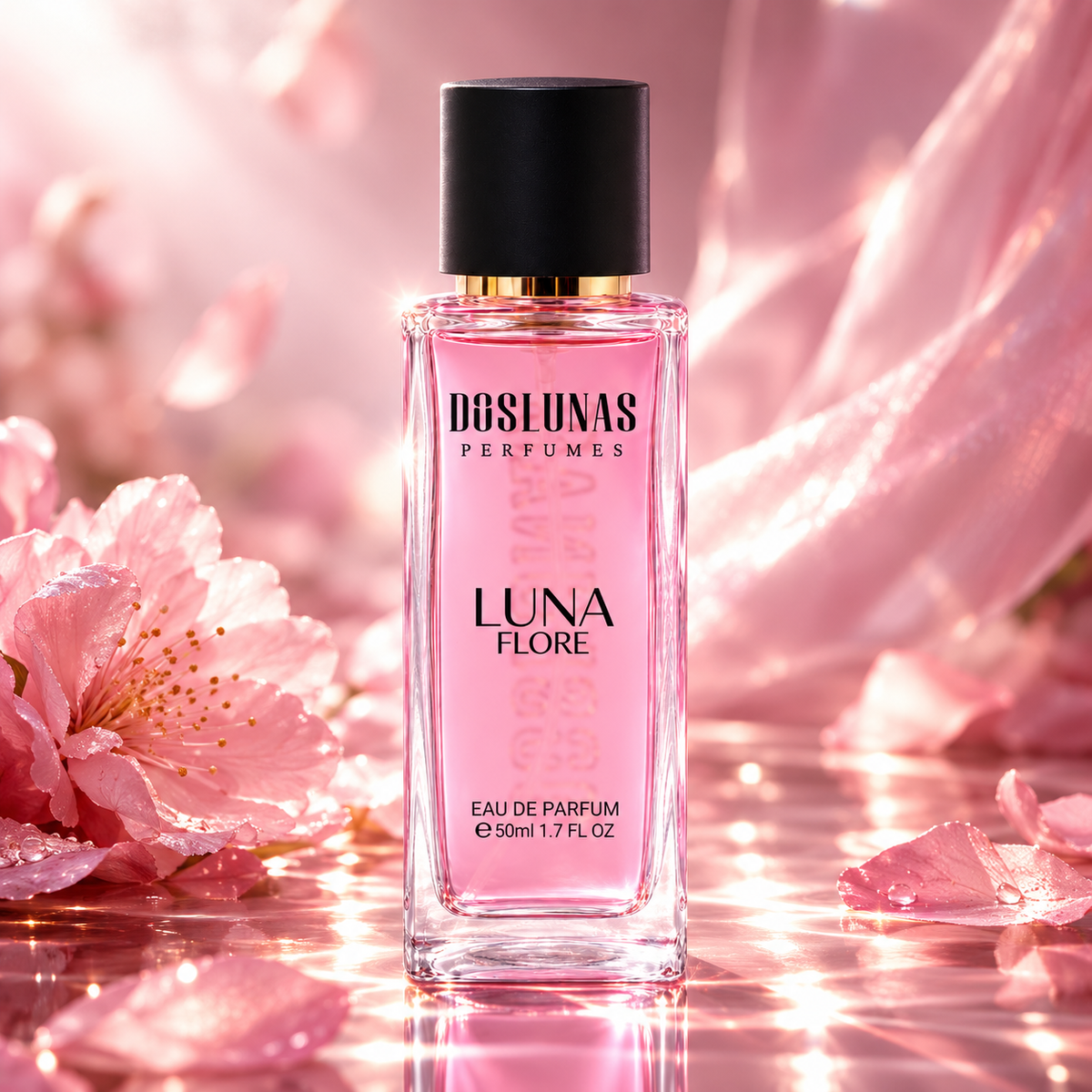 زجاجة عطر DOS LUNAS Luna Flore 28 أو دو بارفان في مشهد وردي مائي مع أزهار