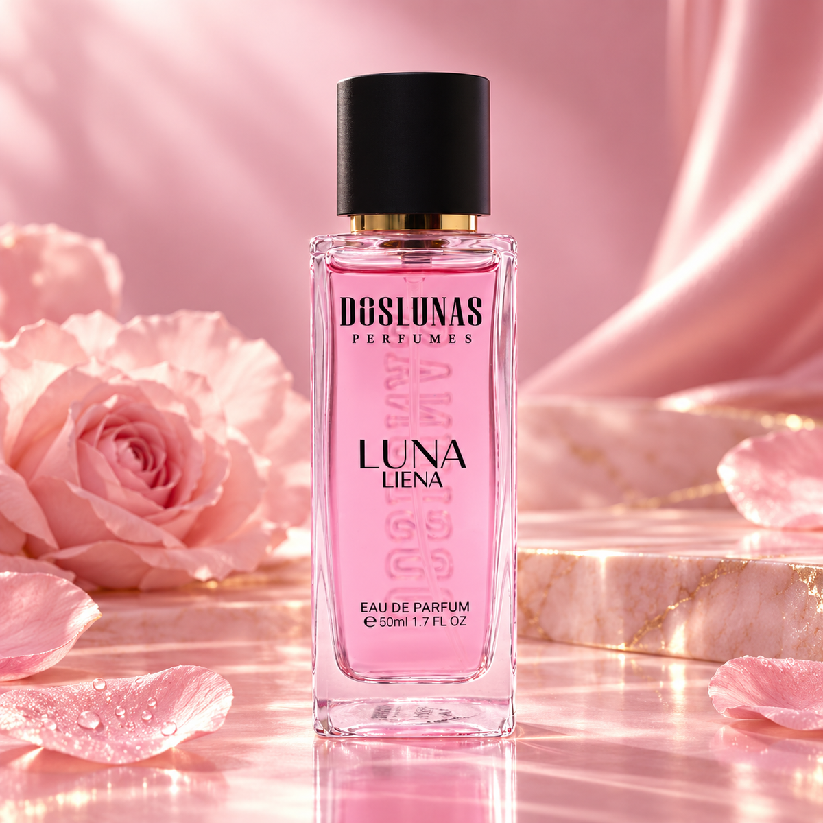 زجاجة عطر DOS LUNAS Luna Liena 78 أو دو بارفان على خلفية وردية ناعمة