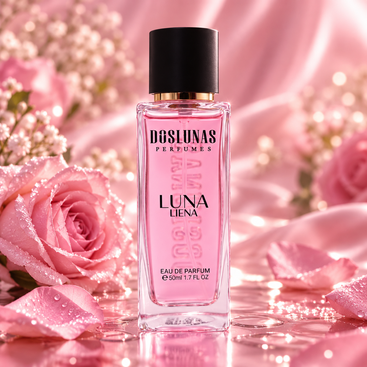 زجاجة عطر DOS LUNAS Luna Liena 78 أو دو بارفان محاطة بالورود في تصوير استوديو وردي