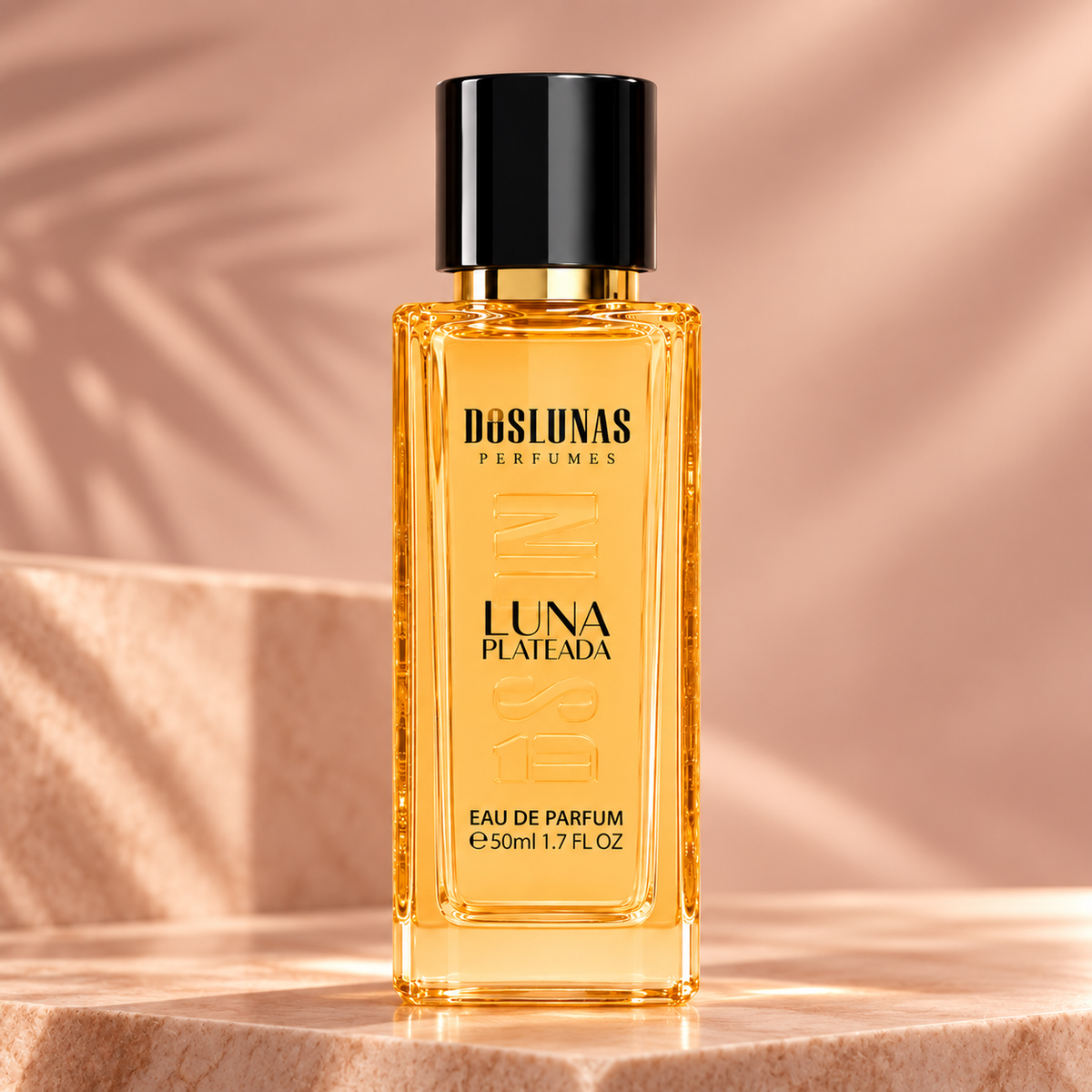 زجاجة عطر DOS LUNAS Luna Plateada 16 أو دو بارفان سعة 50 مل على خلفية بيج ناعمة