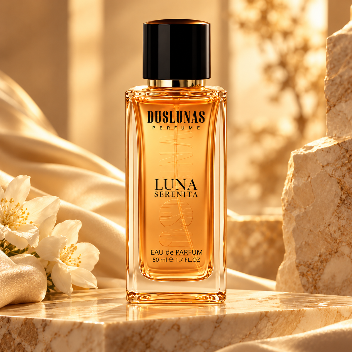زجاجة عطر DOS LUNAS Luna Serenita أو دو بارفان في مشهد استوديو دافئ مع أزهار