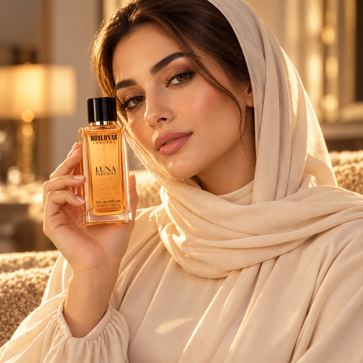 امرأة تحمل زجاجة عطر DOS LUNAS Luna Serenita أو دو بارفان