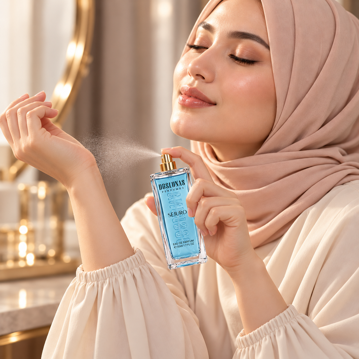 امرأة ترش عطر DOS LUNAS Sejuro 61 أو دو بارفان في مشهد استخدام