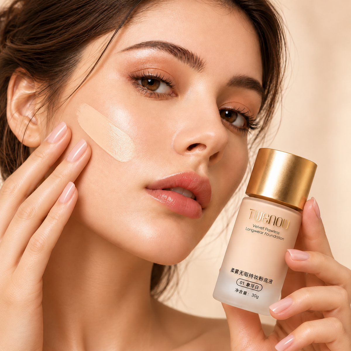 تطبيق كريم أساس TWENOW Velvet Flawless بدرجة 01 Ivory على الخد
