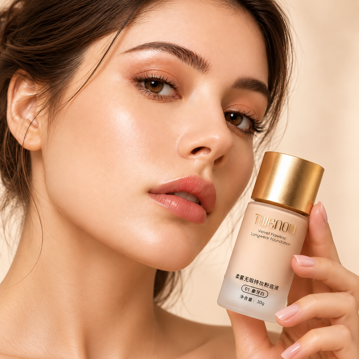 عارضة تحمل عبوة كريم أساس TWENOW Velvet Flawless بدرجة 01 Ivory في لقطة تحريرية