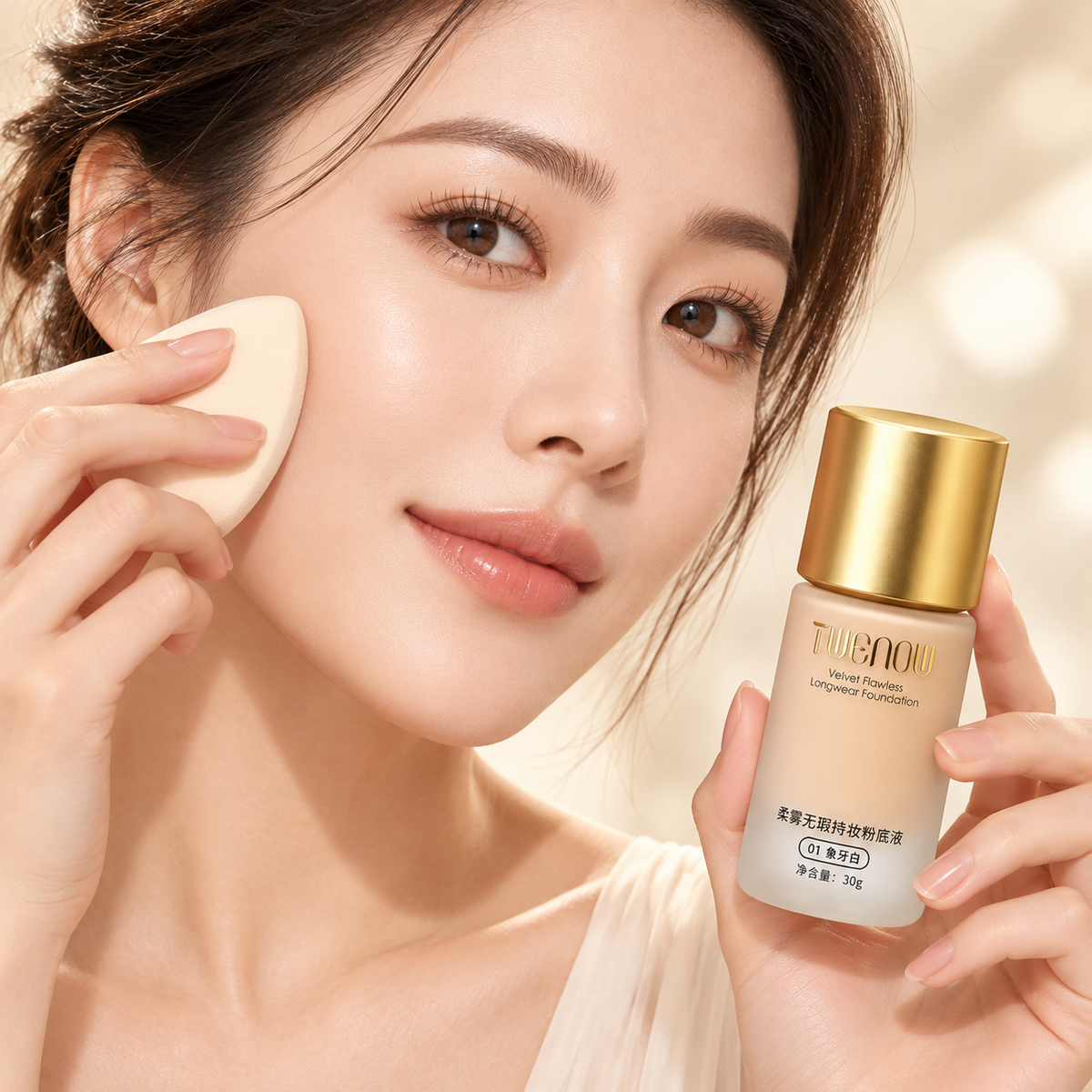 تطبيق كريم أساس TWENOW Velvet Flawless بدرجة 01 Ivory بإسفنجة مكياج
