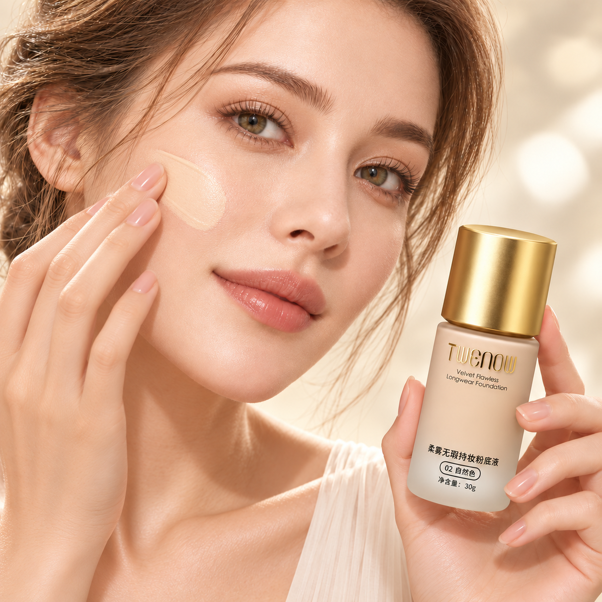 تطبيق كريم أساس TWENOW Velvet Flawless بدرجة 02 Natural على الخد