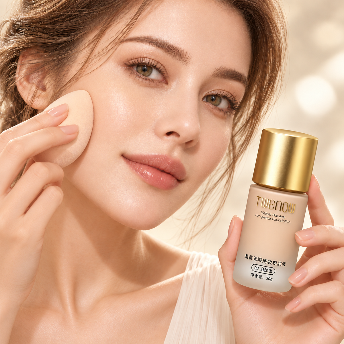 تطبيق كريم أساس TWENOW Velvet Flawless بدرجة 02 Natural بإسفنجة مكياج